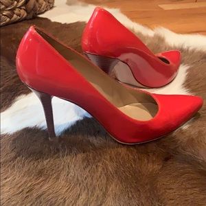 Stuart Weitzman red orange patent leather heel